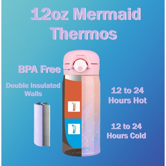 New Heavy Duty Double Insulated 12oz Pink Mermaid Thermos 12 Hours Hot & Cold - Picture 2 of 6